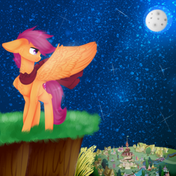 Size: 1000x1000 | Tagged: safe, artist:twinkepaint, imported from derpibooru, scootaloo, pony, chest fluff, female, moon, night, older, ponyville, solo, stars