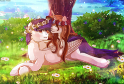 Size: 3744x2562 | Tagged: safe, artist:asika-aida, imported from derpibooru, oc, oc only, oc:dominica comet, oc:frailty music, pegasus, pony, unicorn, couple, female, floral head wreath, flower, grass, male, mare, smiling, stallion, straight, tree