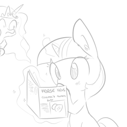 Size: 1280x1280 | Tagged: safe, artist:tjpones, imported from derpibooru, princess celestia, twilight sparkle, alicorn, pony, unicorn, blushing, duo, grayscale, implants, levitation, magazine, magic, monochrome, shrunken pupils, simple background, telekinesis, this will end in tears and/or a journey to the moon, white background