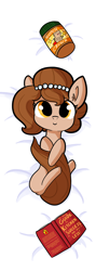 Size: 3750x10500 | Tagged: safe, artist:tjpones, imported from derpibooru, oc, oc only, oc:brownie bun, earth pony, pony, horse wife, bed, body pillow, body pillow design, book, cute, ear fluff, female, food, hug, jewelry, looking at you, mare, necklace, ocbetes, on back, peanut butter, pearl necklace, smiling, solo, tail hug