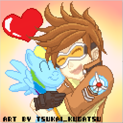 Size: 643x645 | Tagged: safe, artist:tsukai_kugatsu, imported from derpibooru, rainbow dash, human, pegasus, pony, crossover, duo, hug, overwatch, pixel art, tracer