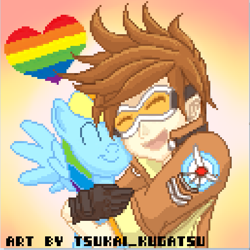 Size: 643x643 | Tagged: safe, artist:tsukai_kugatsu, imported from derpibooru, rainbow dash, human, pegasus, pony, crossover, crossover shipping, duo, female, gay pride, gay pride flag, hug, lesbian, overwatch, pixel art, pride, pride flag, shipping, tracer