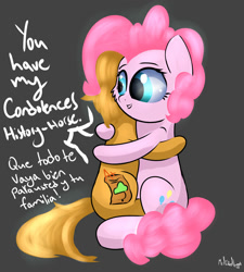 Size: 1800x2000 | Tagged: safe, artist:a8f12, imported from derpibooru, pinkie pie, oc, pony, cancer (disease), duo, hope, hug, simple background, spanish