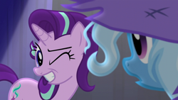 Size: 1280x720 | Tagged: safe, imported from derpibooru, screencap, starlight glimmer, trixie, pony, unicorn, no second prances, grin, looking at each other, one eye closed, smiling, wink