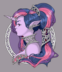 Size: 776x908 | Tagged: safe, artist:michellehoefener, artist:tracibrooks, imported from derpibooru, twilight sparkle, human, alternate hairstyle, bust, elf ears, female, gray background, horned humanization, humanized, pony coloring, profile, simple background, solo