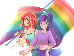 Size: 2900x2200 | Tagged: safe, artist:foxmi, imported from derpibooru, sci-twi, sunset shimmer, twilight sparkle, equestria girls, adorkable, alternate clothes, alternate costumes, alternate hairstyle, belly button, clothes, cute, cutie mark earrings, dork, duo, ear piercing, earring, female, flag, gay pride, gay pride flag, glasses, headcanon, holding hands, human coloration, jewelry, lesbian, lgbt, looking at you, midriff, piercing, ponytail, pride, pride month, scitwishimmer, shimmerbetes, shipping, short shirt, signature, simple background, skirt, smiling, sunsetsparkle, sunspecs shimmer, twiabetes, white background