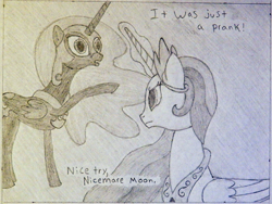 Size: 1550x1163 | Tagged: safe, anonymous artist, artist:anonymous, imported from derpibooru, nightmare moon, princess celestia, alicorn, pony, 4chan, celestia is not amused, drawthread, duo, grayscale, monochrome, nicemare moon, prank, prank fail, prankster luna, simple background, this will end in tears and/or a journey to the moon, traditional art