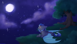 Size: 1023x588 | Tagged: safe, artist:xblackrosestudios, imported from derpibooru, oc, oc only, bat pony, pony, bat pony oc, cliff, desktop background, full moon, looking up, moon, night, stars, tree, wallpaper