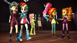 Size: 1920x1080 | Tagged: safe, artist:razethebeast, imported from derpibooru, adagio dazzle, fluttershy, indigo zap, pinkie pie, rainbow dash, sunset shimmer, equestria girls, friendship games, rainbow rocks, 3d, clothes, crystal prep academy uniform, eyes closed, goggles, group, jumping, looking at each other, open mouth, school uniform, smiling, source filmmaker, walking