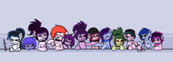 Size: 2000x720 | Tagged: safe, artist:plunger, imported from derpibooru, oc, oc only, oc:froggy, oc:rachael shadows, earth pony, pony, 4chan, blood, choker, cup, drawthread, ear piercing, earring, ember's ghost squad, eye contact, eyes closed, eyeshadow, frown, glare, glasses, hat, hoof hold, jewelry, knife, lidded eyes, looking at each other, looking down, makeup, necklace, piercing, ponified, smiling, spiked wristband, unamused, we are going to hell, wristband