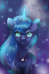 Size: 2000x3000 | Tagged: safe, artist:candyflora, imported from derpibooru, princess luna, pony, eye reflection, female, glowing horn, looking at you, reflection, smiling, solo