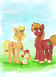 Size: 3000x4100 | Tagged: safe, artist:slytherinakatsuki, imported from derpibooru, apple bloom, applejack, big macintosh, pony, absurd resolution, apple siblings, brother and sister, female, hatless, male, missing accessory, sisters, younger