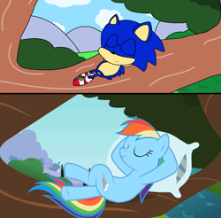 Size: 1024x1008 | Tagged: safe, artist:harmony--bunny, artist:harmonybunny2021, imported from derpibooru, rainbow dash, pony, crossover, redraw, resting, screenshots, sonic the hedgehog, sonic the hedgehog (series)