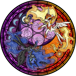 Size: 2100x2100 | Tagged: safe, artist:akili-amethyst, imported from derpibooru, daybreaker, nightmare moon, princess celestia, princess luna, starlight glimmer, pony, a royal problem, disney, dive to the heart, kingdom hearts, stained glass, watermark