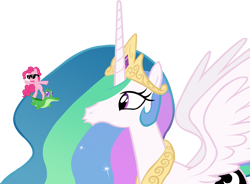 Size: 1220x897 | Tagged: safe, artist:wcctnoam, imported from derpibooru, gummy, pinkie pie, princess celestia, alicorn, pony, a royal problem, jewelry, regalia, simple background, sunglasses, surfing, tiara, transparent background, vector, windswept mane