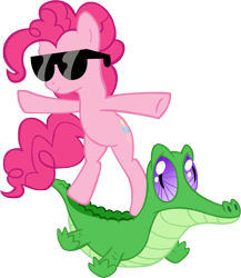 Size: 913x1051 | Tagged: safe, artist:wcctnoam, imported from derpibooru, gummy, pinkie pie, pony, a royal problem, bipedal, dream orbs, simple background, sunglasses, surfing, transparent background, vector, windswept mane