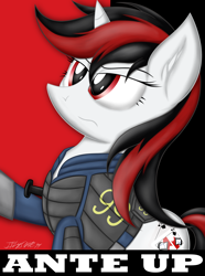 Size: 3000x4026 | Tagged: safe, artist:iflysna94, imported from derpibooru, oc, oc only, oc:blackjack, pony, unicorn, fallout equestria, fallout equestria: project horizons, absurd resolution, clothes, female, mare, serious, serious face, solo