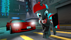 Size: 1920x1080 | Tagged: safe, artist:blackspoiler, imported from derpibooru, oc, oc only, oc:vex (blackspoiler), pony, unicorn, 3d, car, chevrolet corvette, headphones, phone, source filmmaker, streets