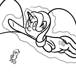 Size: 1000x1000 | Tagged: safe, artist:bennimarru, imported from derpibooru, rainbow dash, starlight glimmer, pegasus, pony, unicorn, 30 minute art challenge, :t, flying, grayscale, levitation, lineart, magic, monochrome, self-levitation, smiling, telekinesis