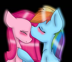 Size: 1414x1212 | Tagged: safe, artist:trixie-the-madhatter, imported from derpibooru, pinkie pie, rainbow dash, earth pony, pegasus, pony, black background, blushing, crying, duo, eyes closed, female, forehead kiss, kissing, lesbian, mare, pinkamena diane pie, pinkiedash, shipping, simple background