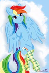 Size: 1024x1536 | Tagged: safe, artist:coffeevixxen, imported from derpibooru, rainbow dash, pegasus, pony, clothes, cloud, female, lying down, mare, on back, smiling, solo, stockings, thigh highs