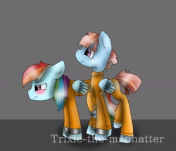 Size: 1414x1212 | Tagged: safe, artist:trixie-the-madhatter, imported from derpibooru, rainbow dash, windy whistles, pegasus, pony, blushing, bound wings, chains, clothes, cuffed, cuffs, duo, female, like mother like daughter, like parent like child, mare, mother and daughter, prison outfit, prisoner rd, raised hoof