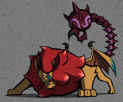 Size: 1204x1000 | Tagged: safe, artist:dalapony, imported from derpibooru, manticore, pony, crouching, gray background, simple background, solo, style emulation, the legend of zelda, the legend of zelda: the wind waker