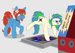 Size: 3507x2480 | Tagged: safe, artist:underpable, imported from derpibooru, oc, oc only, oc:ravebounce, oc:sureibu, earth pony, pegasus, pony, choker, commission, cute, dance dance revolution, dancing, female, flower, flower in hair, gray background, mare, ocbetes, raised hoof, raised leg, rhythm game, simple background, smiling, tongue out, video game