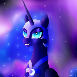 Size: 1474x1474 | Tagged: safe, artist:ollofkyser, imported from derpibooru, nightmare moon, alicorn, pony, bust, female, lidded eyes, looking at you, portrait, smiling, solo, stars, teeth