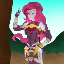 Size: 2334x2328 | Tagged: safe, artist:pyrus-leonidas, imported from derpibooru, pinkie pie, equestria girls, armor, astolfo, clothes, cute, fate/apocrypha, fate/grand order, female, fingerless gloves, gloves, grin, looking at you, peace sign, rider, rider of black, smiling, solo, sword, weapon