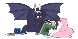Size: 1200x600 | Tagged: safe, artist:curiouskeys, imported from derpibooru, oc, oc only, oc:asteria, draconequus, hybrid, book, cthulhu, interspecies offspring, next generation, offspring, parent:discord, parent:princess luna, parents:lunacord, reading, request, simple background, solo, spread wings, white background, wings