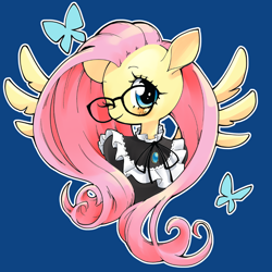 Size: 1000x1000 | Tagged: safe, artist:unousaya, imported from derpibooru, fluttershy, pegasus, pony, blushing, bowtie, brooch, clothes, cute, female, glasses, jewelry, looking at you, mare, one eye closed, shyabetes, smiling, solo, spread wings, string bow tie, wings, wink