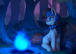 Size: 700x495 | Tagged: safe, artist:rodrigues404, imported from derpibooru, oc, oc only, earth pony, pony, animated, blue flame, cinemagraph, commission, fire, forest, gif, male, night, solo