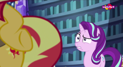 Size: 1440x789 | Tagged: safe, imported from derpibooru, screencap, starlight glimmer, sunset shimmer, pony, equestria girls, mirror magic, spoiler:eqg specials, duo, flank, starlight glimmer is not amused, starlight is not amused, twilight's castle
