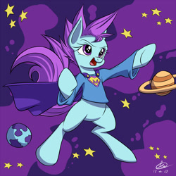 Size: 1000x1000 | Tagged: safe, artist:leito-san, imported from derpibooru, oc, oc only, pony, bipedal, cape, clothes, planet, solo, space, stars