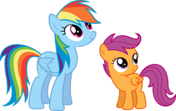 Size: 1126x710 | Tagged: artist needed, source needed, safe, imported from derpibooru, rainbow dash, scootaloo, pegasus, pony, blank flank, cute, cutealoo, dashabetes, female, filly, foal, folded wings, looking up, mare, mirrored, simple background, smiling, transparent background, vector, wings