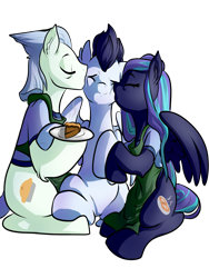 Size: 3000x4000 | Tagged: dead source, safe, artist:heyerika, imported from derpibooru, soarin', oc, pegasus, pony, cute, eyes closed, family, female, food, kissing, male, mare, pie, plate, simple background, sitting, smiling, stallion, transparent background