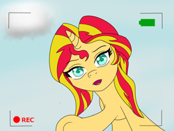 Size: 1600x1200 | Tagged: safe, artist:fluttershy-wins, imported from derpibooru, sunset shimmer, pony, unicorn, alternate hairstyle, camera shot, colored pupils, female, looking down, mare, solo, underhoof