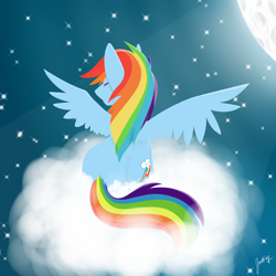 Size: 2000x2000 | Tagged: safe, artist:fantasystaples, imported from derpibooru, rainbow dash, pegasus, pony, backwards cutie mark, cloud, eyes closed, female, mare, moon, night, night sky, rear view, sky, solo, spread wings, stars, wings