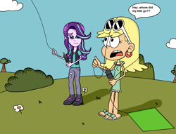 Size: 2257x1720 | Tagged: safe, artist:eagc7, imported from derpibooru, starlight glimmer, human, equestria girls, beanie, bush, clothes, cloud, crossover, dress, ear piercing, earring, female, flower, group, hat, kite, kite flying, leni loud, nickelodeon, piercing, shirt, shoes, sunglasses, that pony sure does love kites, the loud house, tree, unamused, vest