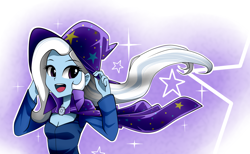 Size: 1300x800 | Tagged: safe, artist:nekojackun, imported from derpibooru, trixie, equestria girls, breasts, cape, cleavage, clothes, cute, diatrixes, female, hat, open mouth, smiling, solo, trixie's cape, trixie's hat