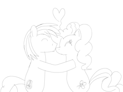 Size: 2000x1500 | Tagged: safe, artist:supertailshero, imported from derpibooru, pinkie pie, oc, oc:cobalt fossil, pony, balloon, canon x oc, cute, female, fossil, giganotosaurus, heart, heart balloon, kissing, male, monochrome, romance, shipping, straight