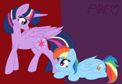 Size: 1164x804 | Tagged: safe, artist:amellia-rose, imported from derpibooru, rainbow dash, twilight sparkle, alicorn, pegasus, pony, alternate hairstyle, base used, female, lesbian, mare, shipping, twidash, twilight sparkle (alicorn)