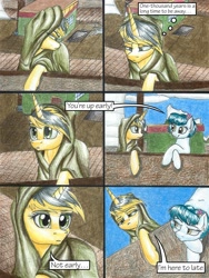 Size: 1024x1365 | Tagged: safe, artist:tillie-tmb, imported from derpibooru, oc, oc only, oc:tempest, pony, unicorn, comic:the amulet of shades, comic, female, mare, ship, traditional art