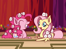 Size: 1280x960 | Tagged: safe, artist:flutterluv, imported from derpibooru, fluttershy, pinkie pie, earth pony, pegasus, pony, cloudy with a chance of meatballs, duo, eyes closed, food, grin, heart eyes, marshmallow, open mouth, prone, sitting on head, smiling, wingding eyes, xd