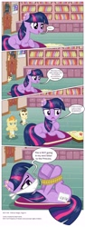 Size: 3300x8818 | Tagged: safe, artist:perfectblue97, imported from derpibooru, pound cake, pumpkin cake, twilight sparkle, earth pony, pegasus, pony, unicorn, comic:without magic, absurd resolution, bandaid, blank flank, bondage, book, bound and gagged, candy, cloth gag, comic, earth pony twilight, food, gag, hogtied, lying down, on back, poster, rope, sugarcube corner, unsexy bondage