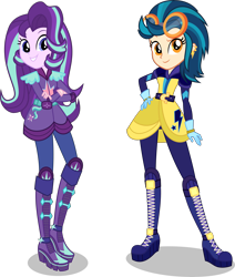 Size: 6369x7500 | Tagged: safe, artist:limedazzle, imported from derpibooru, indigo zap, starlight glimmer, equestria girls, friendship games, absurd resolution, alternate hairstyle, alternate universe, boots, clothes, crossed arms, duo, duo female, ear piercing, earring, female, gloves, goggles, jewelry, motorcross, piercing, shoes, show accurate, simple background, smiling, transparent background, vector