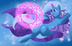 Size: 1280x828 | Tagged: safe, artist:nytewell, imported from derpibooru, trixie, pony, unicorn, female, magic, magic circle, mare, open mouth, smiling, solo, sparkles