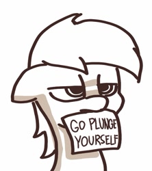 Size: 513x579 | Tagged: safe, artist:plunger, imported from derpibooru, oc, oc only, earth pony, pony, 4chan, angry, drawthread, grayscale, monochrome, mouth hold, reaction image, sign, solo, vulgar