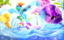 Size: 1360x860 | Tagged: safe, artist:moondreamer16, imported from derpibooru, applejack, fluttershy, pinkie pie, rainbow dash, rarity, twilight sparkle, pony, cute, eyes closed, glowing horn, horn, mane six, one eye closed, open mouth, splash, sunglasses, water, watergun